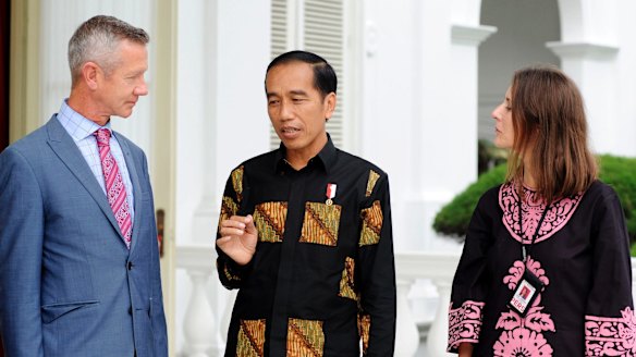 Indonesian President Joko Widodo being interviewed by Fairfax journalists Jewel Topsfield and Peter Hartcher at the presidential palace in Jakarta in November 2016. A visit planned at that time was cancelled due to unrest in the Indonesian capital.