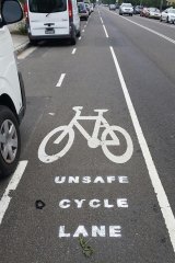 The "unsafe cycle lane" message on Doncaster Avenue in Kingsford. BIKESydney president David Borella says he is unsure who is responsible. 