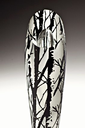 Nicole Ayliffe. Optical Landscape - Forest 1. Blown glass and engraved imagery, 36 x 10 x 10cm