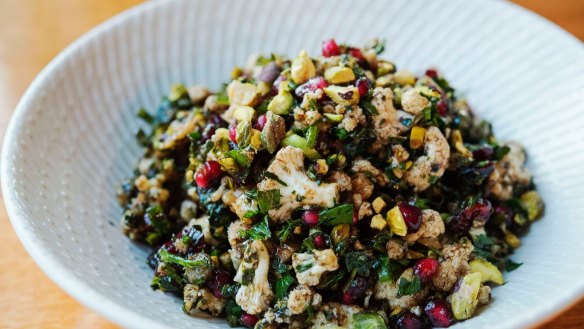 Cauliflower salad with wheat, mint, parsley, walnut, pistachio and cranberries at Kepos Street Kitchen.