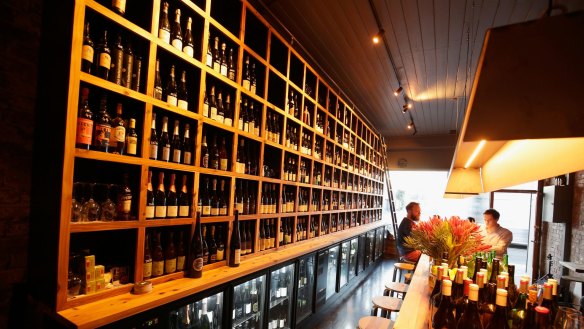The wine bottle wall at the Alps in Prahran.