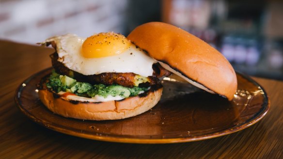 The corn fritter burger. Breakfast staples are improved with key tweaks at The General. 