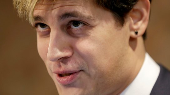 Milo Yiannopoulos speaks during a news conference in New York. 