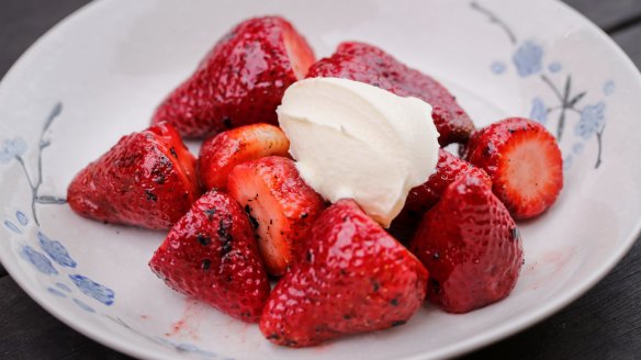 Grilled strawberries, creme fraiche, pepper.