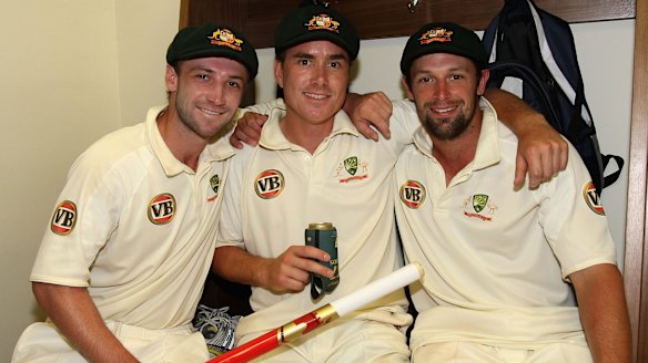 Phil Hughes celebrates victory against South Africa in 2009 with fellow Test debutants Marcus North and Ben Hilfenhaus.