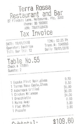 Receipt for lunch with Lindsay Tanner