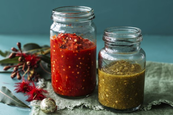 Adam Liaw's Christmas red and green hot sauces. 
