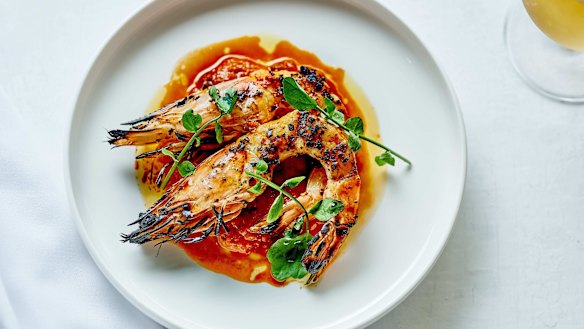 BBQ King Prawns with a Split Tomato and Currant Sauce at Bannisters Port Stephens. 