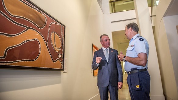 Australian War Memorial director Dr Brendan Nelson and Squadron Leader Gary Oakley at the unveiling of Ruby Plains Massacre 1.