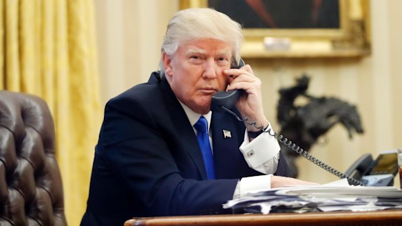 Donald Trump speaking to Malcolm Turnbull n the Oval Office of the White House.