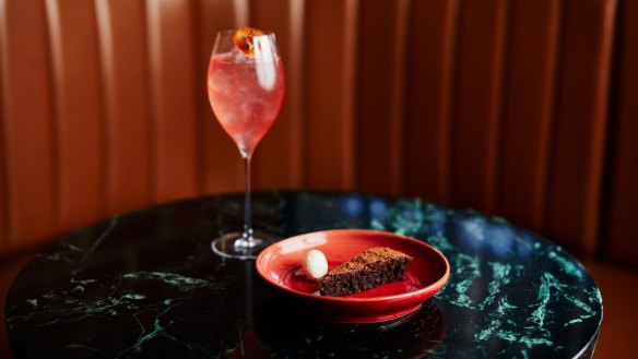 Callistemon Blush cocktail with miso chocolate torta at Navi Lounge.