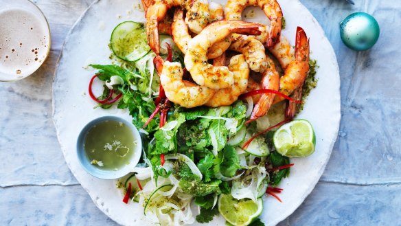 Matt Moran's Christmas barbecued prawns with nam jim dressing.