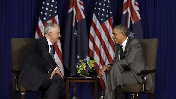 U.S. President Barack Obama, right, talks with Australia's Prime Minister Malcolm Turnbull during their meeting in Manila, November, 2015