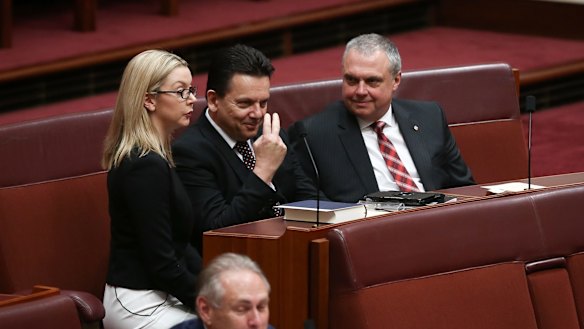Not for turning: Senate kingmakers Nick Xenophon (centre), with senators Skye Kakoschke-Moore and Stirling Griff.