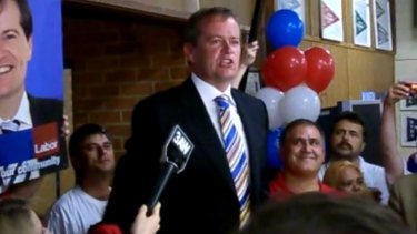Bill Shorten delivers his victory speech in the seat of Maribyrnong on election night 2007 as former Victorian Upper House whip Cesar Melhem (in red shirt) looks on.