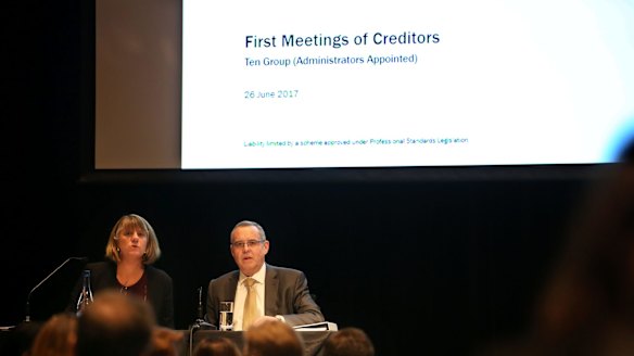 Administrators from KordaMentha address creditors at the first meeting in Sydney. 