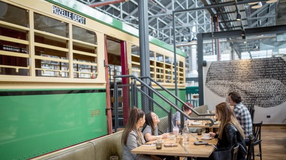 A restored tram, which last ran in the 1960s, is part of the seating area.