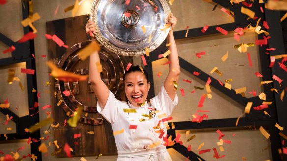 Diana Chan celebrates her victory during the 2017 MasterChef Australia grand final.