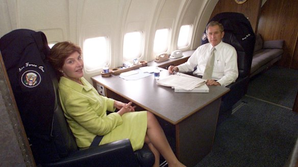 US President George W. Bush and first lady Laura Bush on board the plane in August 2001, shortly before it was retired.
