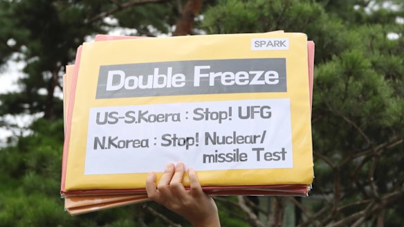 People protest against the South Korea-US Joint military drills in Seoul on Monday.