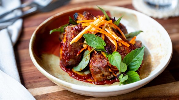 Salt-and-pepper pork ribs with chilli and basil.