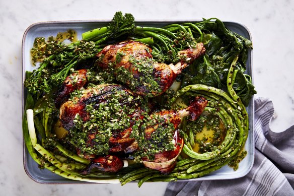 Barbecued chicken with charred greens and chimichurri.