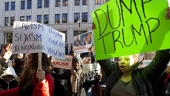 Demonstrators outside the Verizon Centre in Washington,  where the 2016 American Israel Public Affairs Committee policy conference was addressed by Hillary Clinton and Donald Trump as well as other presidential contenders.