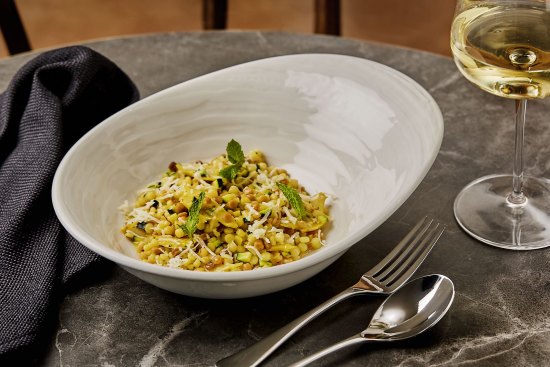 Sardinian fregola with saffron-braised abalone and pecorino.
