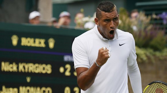 'It's always a circus when Nick hits the court' ... Thanasi Kokkinakis on his mate Nick Kyrgios, pictured here pumping his fist after playing a shot in his second-round win over Juan Monaco of Argentina.