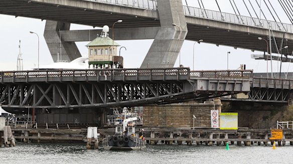 The swing mechanism on the Glebe Island Bridge. The bridge has been permanently in the "open" position for the past decade.