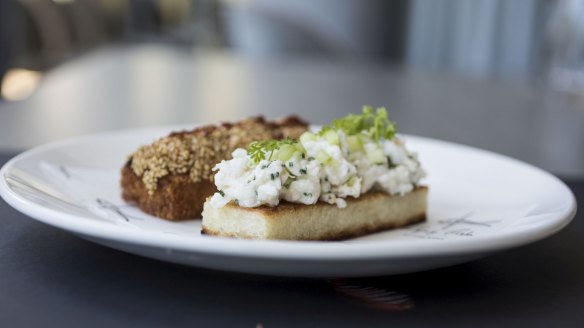 Prawn toast and tangy spanner crab finger sandwich.