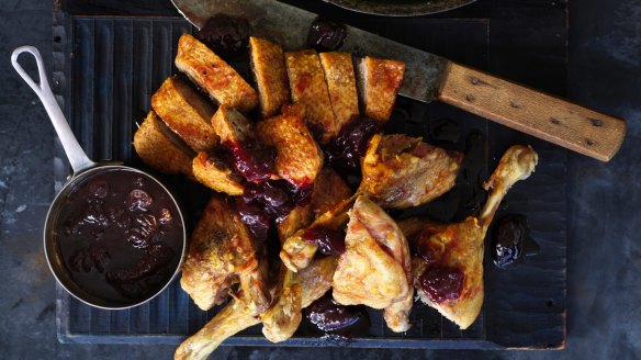 Neil Perry's roast duck with cherries.