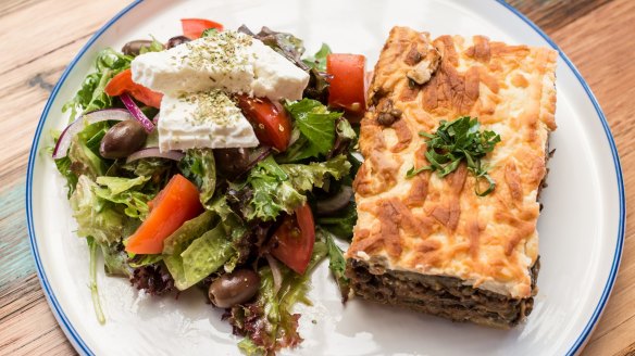 Meat-free moussaka and Greek salad with vegan feta.