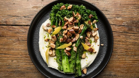 Wood-roasted broccolini with preserved lemon, smoked almonds and whipped goat's feta.