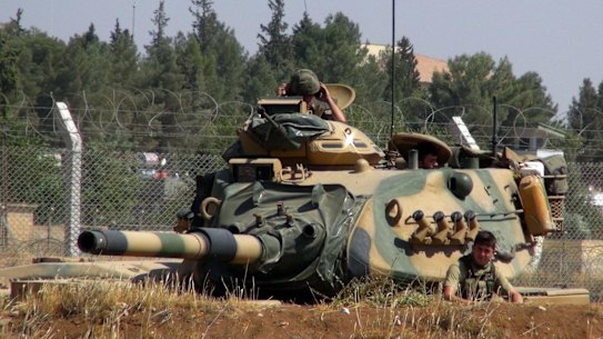 A Turkish army tank stationed near the Syrian border in Suruc earlier this month.