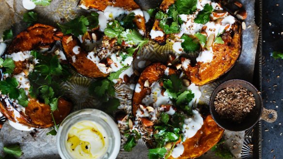 Spice roast pumpkin with garlic yoghurt and almonds