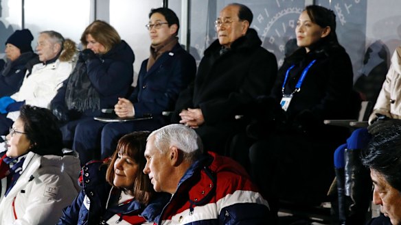 Rare assembly: US Vice President Mike Pence, bottom right, and Kim Yong Nam, second from top right, president of the Presidium of North Korean Parliament, and Kim Yo Jong, sister of North Korean leader Kim Jong-un.