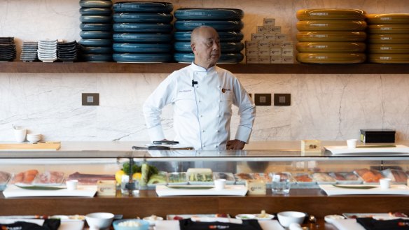 Nobu Matsuhisa demonstrates how to make nigiri sushi at Nobu Crown Sydney.