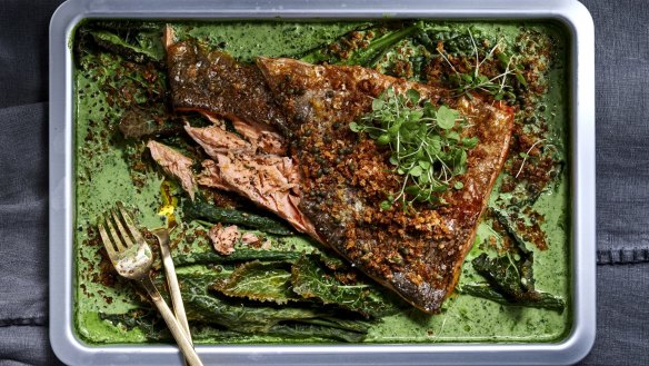 One tray baked fish and creamed greens. 