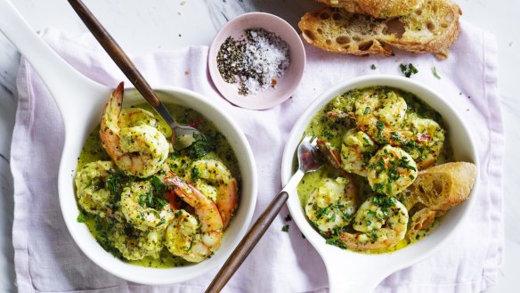 Adam Liaw's creamy pesto prawns.