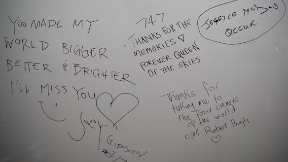 Farewell messages from Qantas staff signed on the underbelly of the 747.
