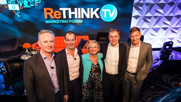 Chief executives (left to right) Nine's Hugh Marks, Ten's Paul Anderson, ThinkTV's Kim Portrate, Foxtel's Peter Tonagh and Seven's Tim Worner at the first ThinkTV conference.