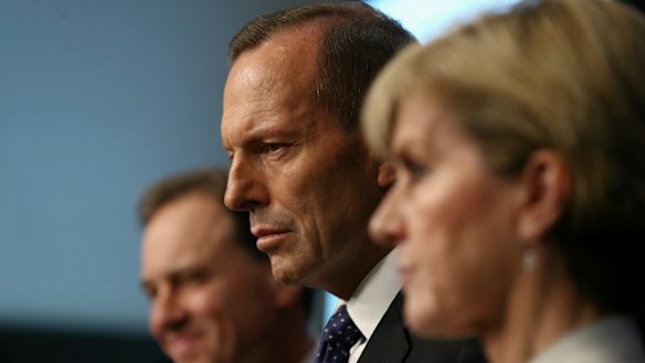 Prime Minister Tony Abbott during a joint press conference with Environment Minister Greg Hunt and Foreign Affairs Minister Julie Bishop at Parliament House in Canberra.