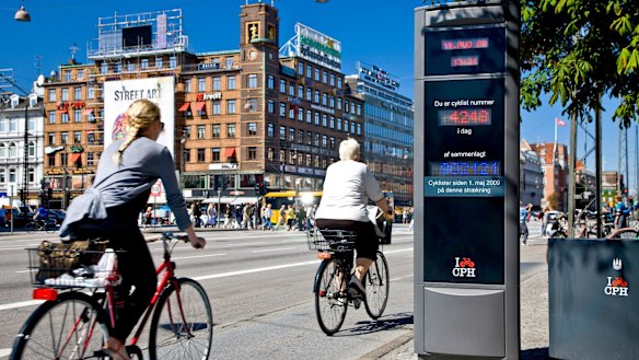 An electronic bicycle counter at the city hall square in Copenhagen, Denmark.