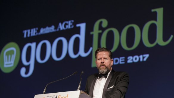 MC Tim Ross on the Good Food Guide 2017 Awards stage at the Plaza Ballroom, Melbourne.