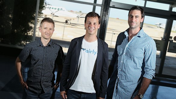 Airly co-founders, from left, Ivan Vysotskiy, Alexander Robinson and Luke Hampshire, are seeking funding for the private jet service.