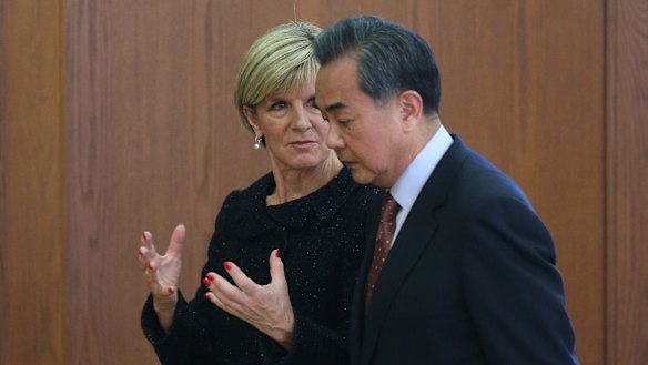 Chinese Foreign Minister Wang Yi and Australian Foreign Minister Julie Bishop in Beijing in February.