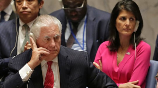 Secretary of State Rex Tillerson and US Ambassador Nikki Haley at the UN Security Council.