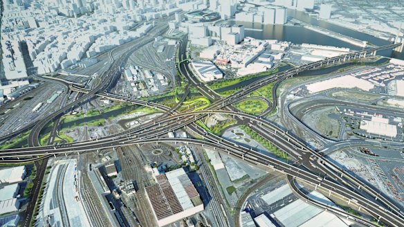 The proposed series of flyovers to be built as part of the West Gate Tunnel. 