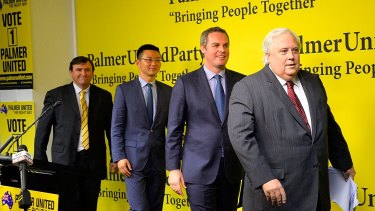 Exit, stage left: Clive Palmer and PUP candidates  at the  launch of the party's ill-fated 2016 federal campaign.